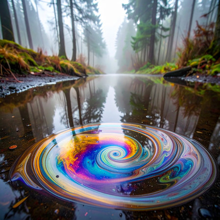 In the heart of a serene, misty forest, a puddle reflects the towering trees.の素材