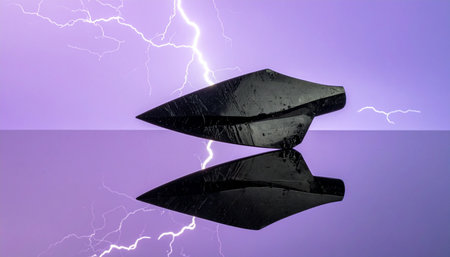 A top-secret stealth aircraft slices through a violent, purple-hued thunderstorm, its advanced form illuminated by brilliant flashes of lightning.の素材