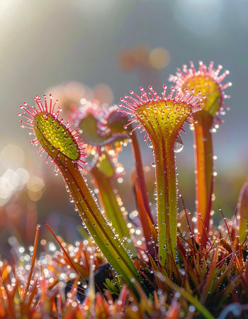 In the soft morning light, the delicate tentacles of a carnivorous sundew plant glisten with sticky, dew-like droplets.の素材