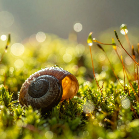 An empty snail shell rests peacefully on a bed of vibrant green moss, illuminated by the soft, golden glow of the morning sun.の素材