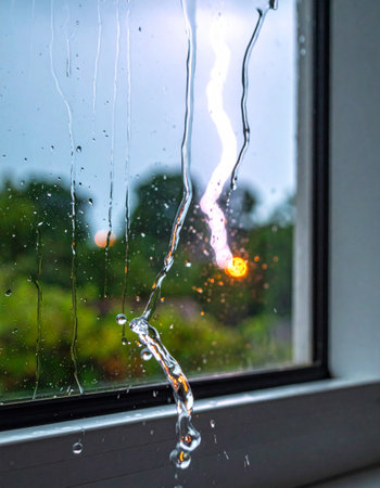 A powerful bolt of lightning illuminates the night sky, its jagged form captured through a window pane streaked with rain.の素材
