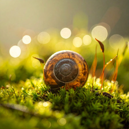 A tiny snail rests on a bed of vibrant green moss, its delicate shell glowing in the warm, golden light of a new day.の素材
