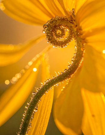 A macro photograph capturing a magical moment in nature. The warm, golden light of dawn illuminates a delicate flower tendril, revealing a perfect spiral adorned with glistening dewdrops.の素材