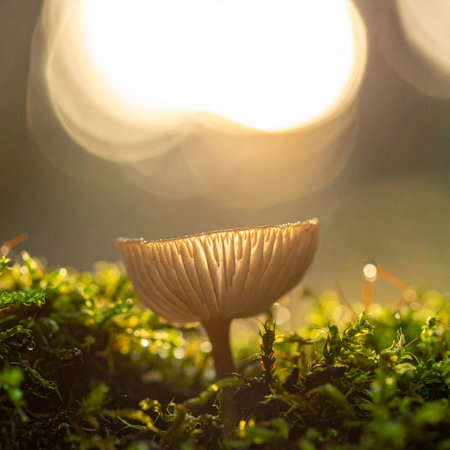 A tiny, delicate mushroom emerges from a bed of lush green moss, its translucent cap glowing as it's backlit by a warm, ethereal light.の素材