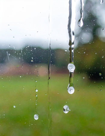 Raindrops trace paths down a window pane, offering a moment of quiet reflection. Outside, the world is a soft, blurry green, creating a peaceful and cozy atmosphere perfect for a day spent indoors.の素材
