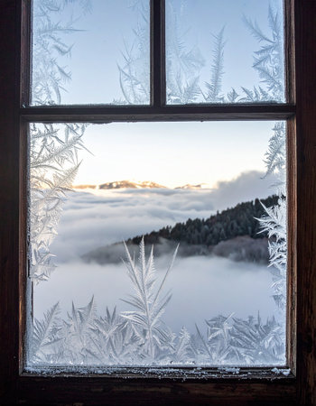 From the warmth of a cozy room, a window pane adorned with delicate ice crystals frames a breathtaking winter morning.の素材