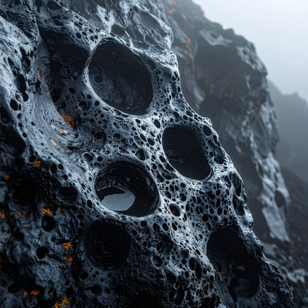A close-up macro shot reveals the intricate and alien-like texture of a porous volcanic rock.の素材