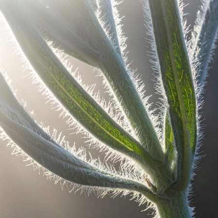 A macro view captures the intricate details of a plant's fuzzy leaves and stem. Bathed in the soft glow of morning sunlight, each delicate hair is illuminated, creating an ethereal halo.の素材