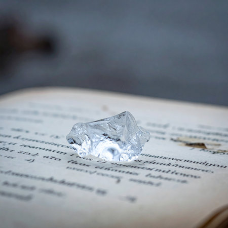 A single, luminous crystal rests upon the open page of an ancient book, its inner light illuminating the forgotten text.の素材