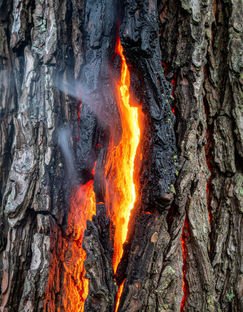 A close-up view reveals the intense, hidden heart of a tree, where glowing embers burn from within a deep crevice in the bark.の素材