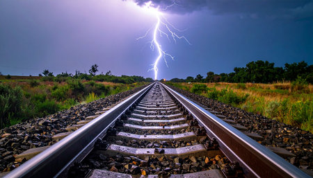 A spectacular bolt of lightning illuminates the night sky, striking the earth at the vanishing point of a long, straight railway.の素材