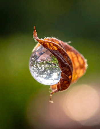 A single, perfect sphere of water clings delicately to the edge of a crisp autumn leaf.の素材