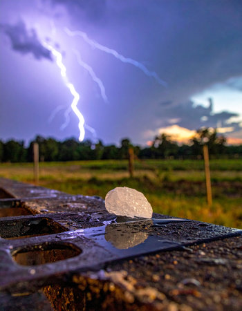 A single, large hailstone rests on a wet metal rail, a frozen testament to the storm's power.の素材