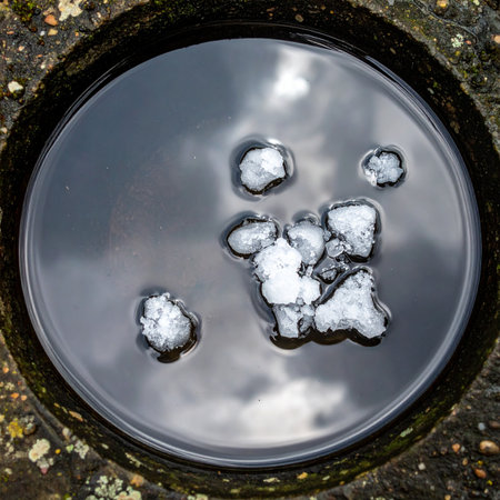 From an overhead perspective, chunks of melting hail float in a dark, circular pool of water.の素材