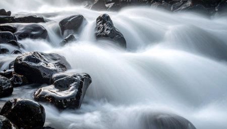 A long exposure captures the dynamic force of a mountain stream as it cascades over dark, smooth stones.の素材