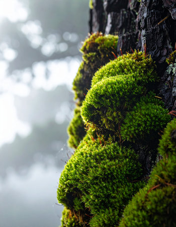 A detailed macro shot captures the vibrant, lush green moss clinging to the textured bark of an ancient tree.の素材