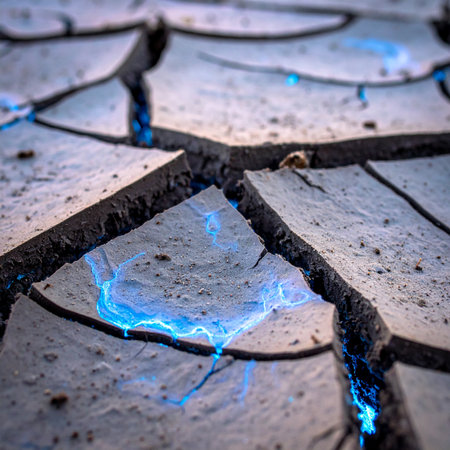 In a desolate landscape of parched, cracked earth, a mysterious and vibrant blue energy awakens.の素材