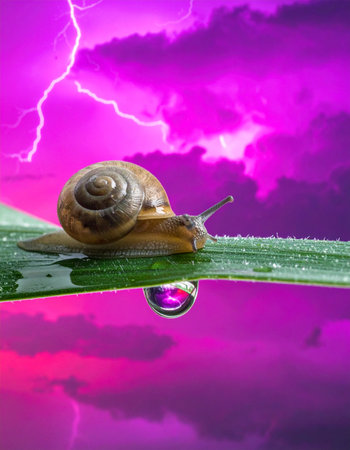 In a world of vibrant purple and pink, a lone snail finds a moment of tranquility on a dewy leaf.の素材