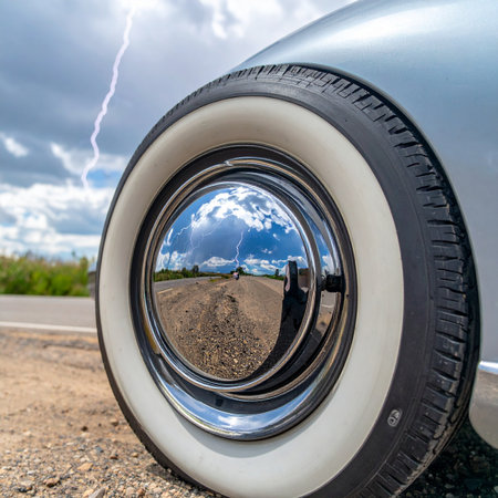 A classic car's journey is paused on the side of a rural road.の素材