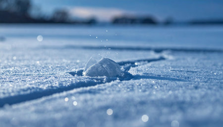 A solitary ice crystal rests within a crack on the vast, frozen expanse of a winter lake.の素材