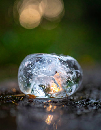 A captivating macro shot captures a mysterious piece of melting ice, within which a warm, fiery light seems to be trapped.の素材