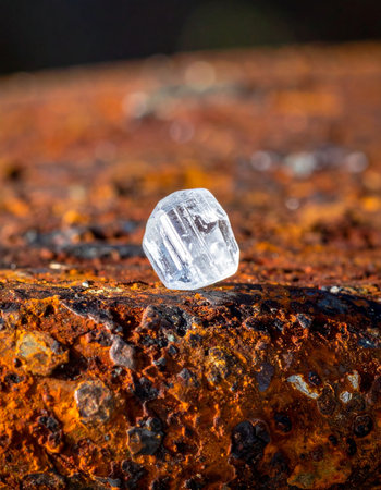 A single, uncut raw diamond rests on a heavily corroded and rusted metal surface.の素材