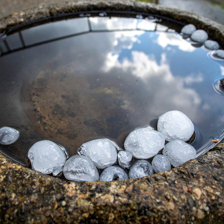 A sudden winter hailstorm leaves its icy remnants collected in a rustic stone bird bath.の素材