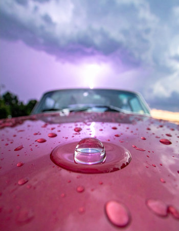 A single, perfect water droplet rests on the polished red hood of a classic car, reflecting the dramatic purple and grey stormy sky above.の素材