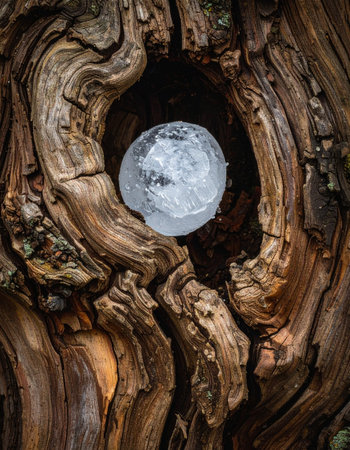 Deep within the heart of an ancient, gnarled tree, a mysterious crystal orb rests in a wooden hollow.の素材