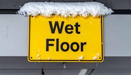 A humorous and ironic scene where a bright yellow 'Wet Floor' sign is ironically topped with a thick layer of fresh snow.の素材