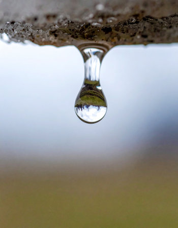 A single, perfect droplet of water hangs in a moment of pure suspension, reflecting the world around it.の素材