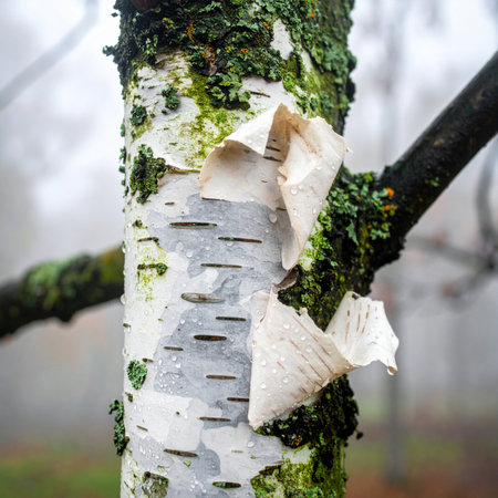 In the quiet hush of a misty forest, the delicate paper-like bark of a birch tree peels away, revealing layers of texture and life.の素材