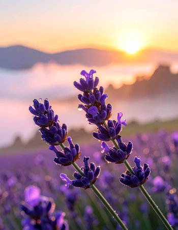 The first golden rays of sunrise break through the morning mist, illuminating a vast field of purple lavender.の素材