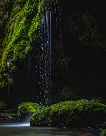 Deep within a hidden grotto, a gentle waterfall cascades over vibrant green moss-covered rocks.の素材