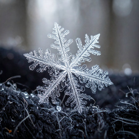 A stunning macro photograph captures the breathtaking and intricate geometry of a single, perfect snowflake.の素材