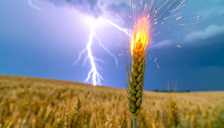 In a dramatic display of nature's raw power, a bolt of lightning strikes a golden wheat field during a fierce summer thunderstorm.の素材
