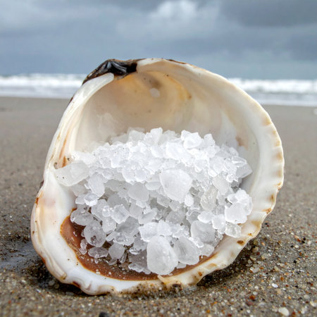 A natural seashell, washed ashore by the tide, serves as a perfect vessel for pure, crystalline sea salt flakes.の素材