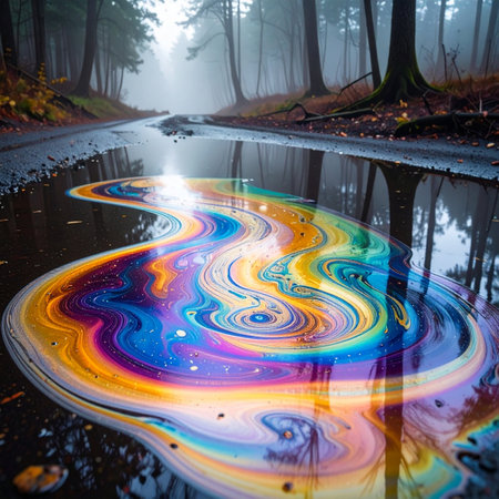 A mesmerizing, psychedelic swirl of rainbow colors from an oil slick creates a beautiful yet unsettling abstract pattern on the surface of a puddle.の素材