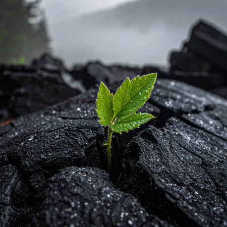 In the stark aftermath of destruction, a single, vibrant green sprout pushes through the dark charcoal.の素材