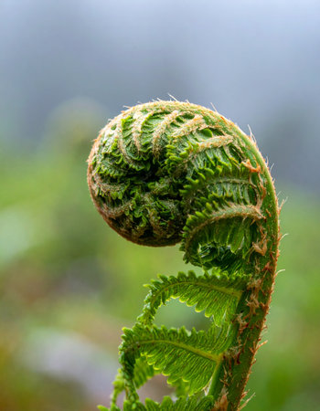 A young fern frond, known as a fiddlehead, slowly uncoils to greet the world.の素材