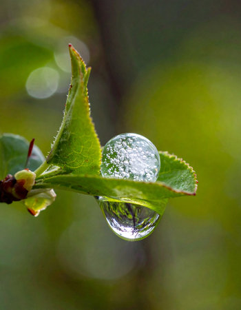 A perfect, crystal-clear water droplet clings delicately to a vibrant new leaf, capturing a miniature world within its reflection.の素材