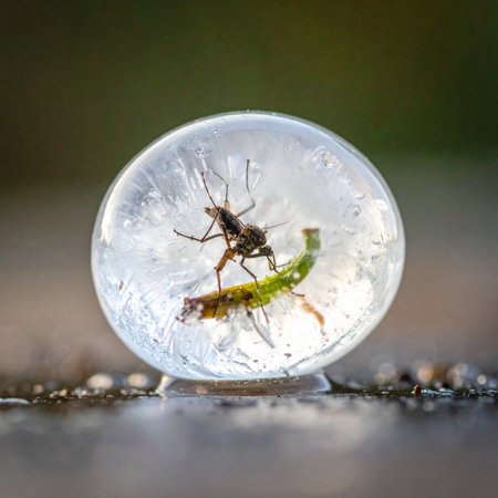 A fascinating macro view of an insect and a sprig of moss perfectly preserved within a crystal-clear sphere of ice.の素材