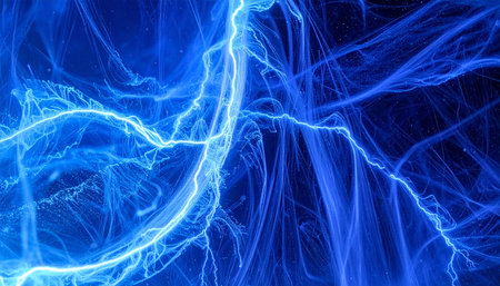 A mesmerizing display of raw power as vibrant blue electrical currents arc and flow through the darkness.の素材