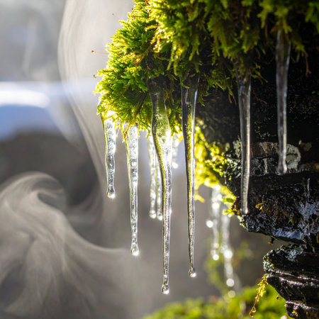 In the quiet of a cold morning, delicate icicles cling to vibrant green moss, each frozen droplet catching the ethereal light.の素材