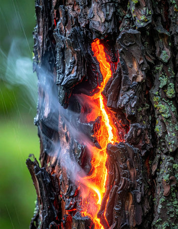Deep within a forest, a tree trunk reveals its fiery core.の素材