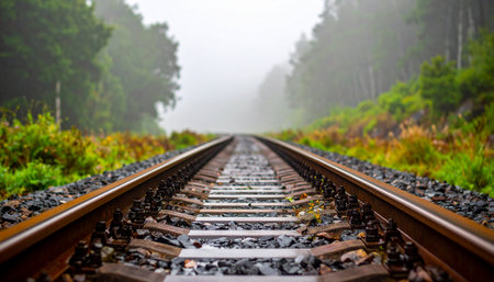 A low-angle view of railway tracks stretching forward and disappearing into a dense, foggy forest.の素材