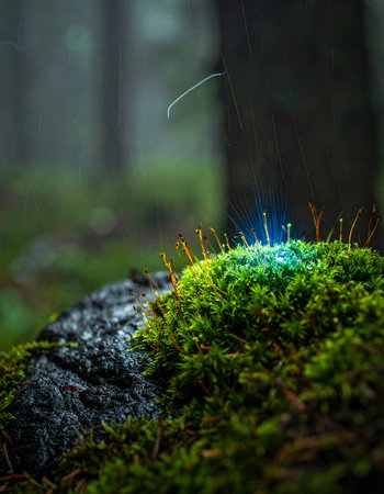 In the heart of a misty, ancient forest, a patch of moss awakens with a mysterious, ethereal blue glow.の素材