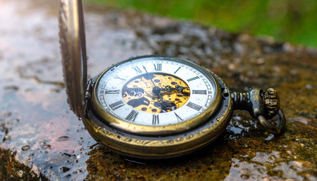 An ornate, vintage pocket watch with exposed gears rests upon a damp, weathered stone.の素材