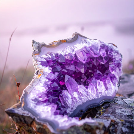 A beautiful amethyst geode rests on a rock in a natural setting.の素材