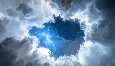 A turbulent vortex of storm clouds parts to reveal a brilliant core of raw, electric energy.の素材